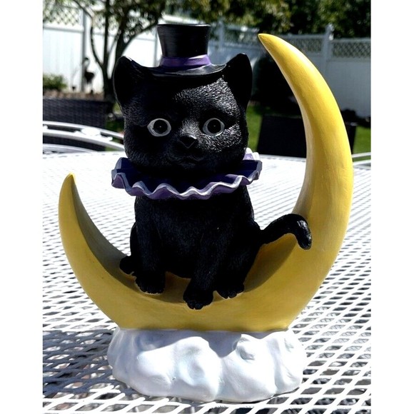 Unbranded Other - Halloween Black Cat Sitting On Half Moon 10" Figurine Prop Tabletop Decor NEW